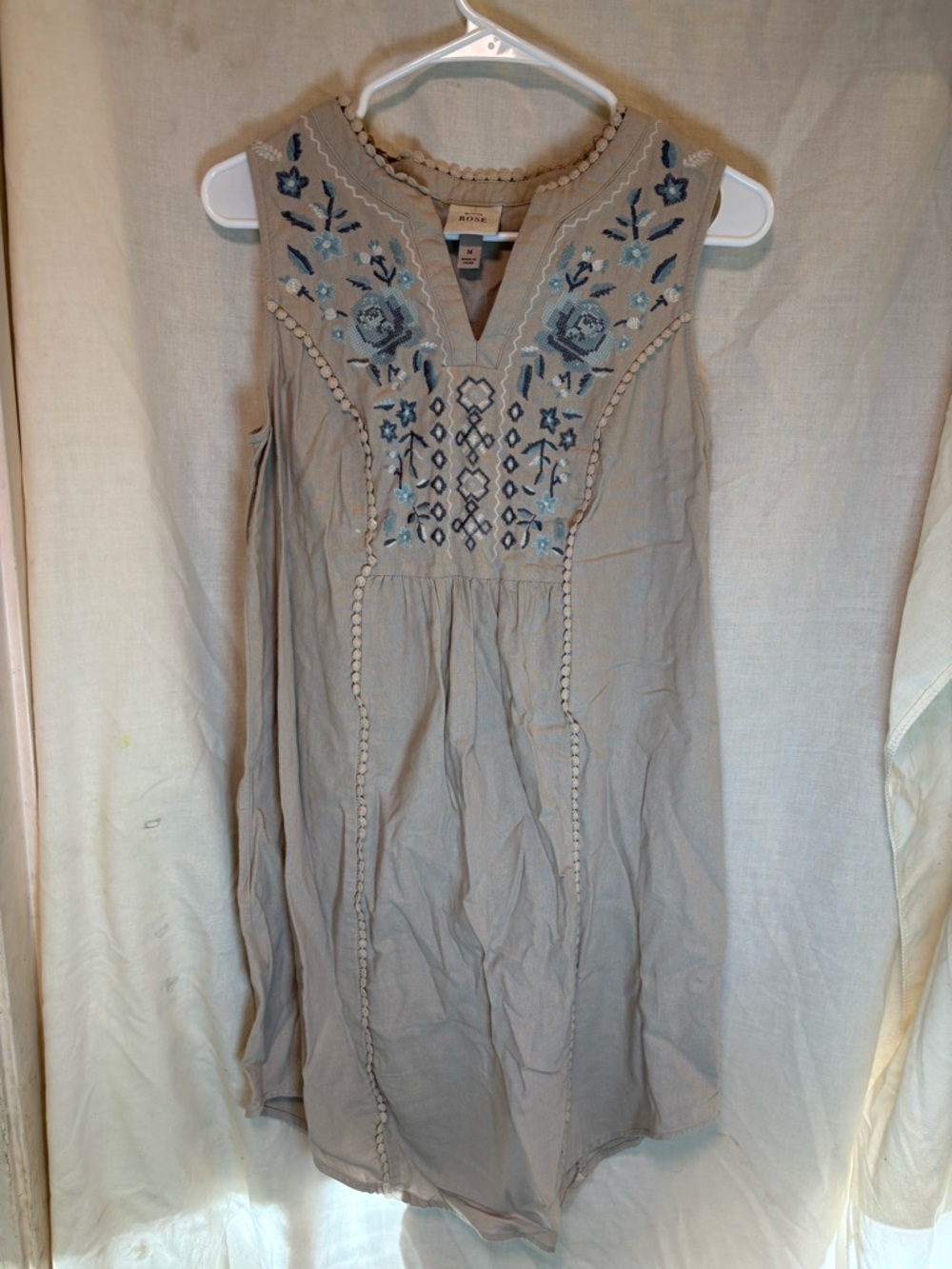 Knox Rose Womens Embroidered Linen Blend Sleeveless Shift Dress Mink Beige M